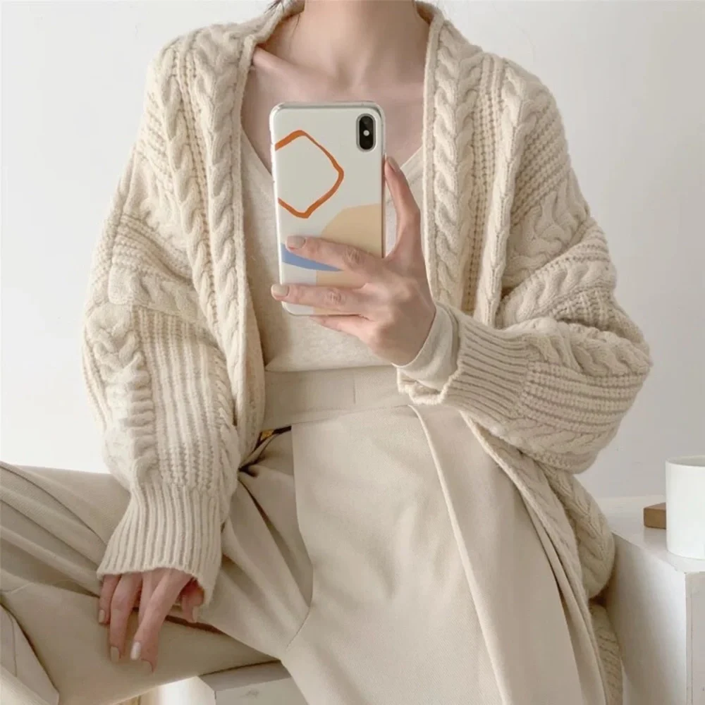 Twist cardigan sweater cable knit cream beige womens knit long sleeve - Picture 10 of 11